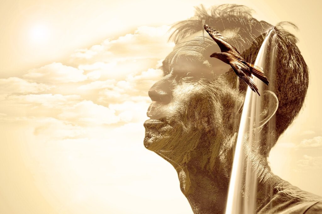 Montage sepia tone image of a person looking off into the distance juxtaposed with a bird flying.