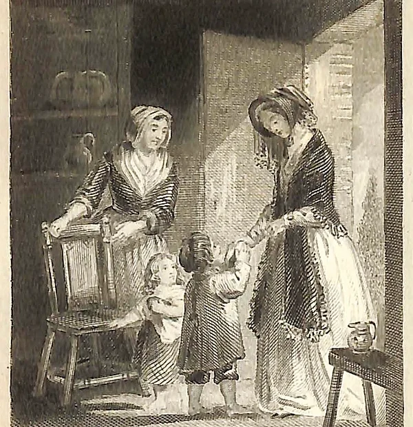 Illustration from "The Juvenile Scrap-Book for 1849; A Christmas and New Year's Present for Young People" of a woman giving a gift to a young child.